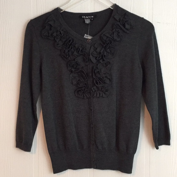 Tracy M Sweaters - New Charcoal Grey Ruffle cardigan sweater Sz Sm